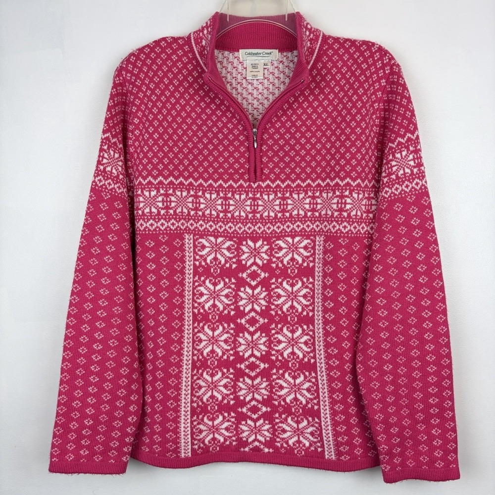 Nordic Fair Isle Sweater XL Hot Pink White 1/4 Zip Snowflake Knit Old Money Ski